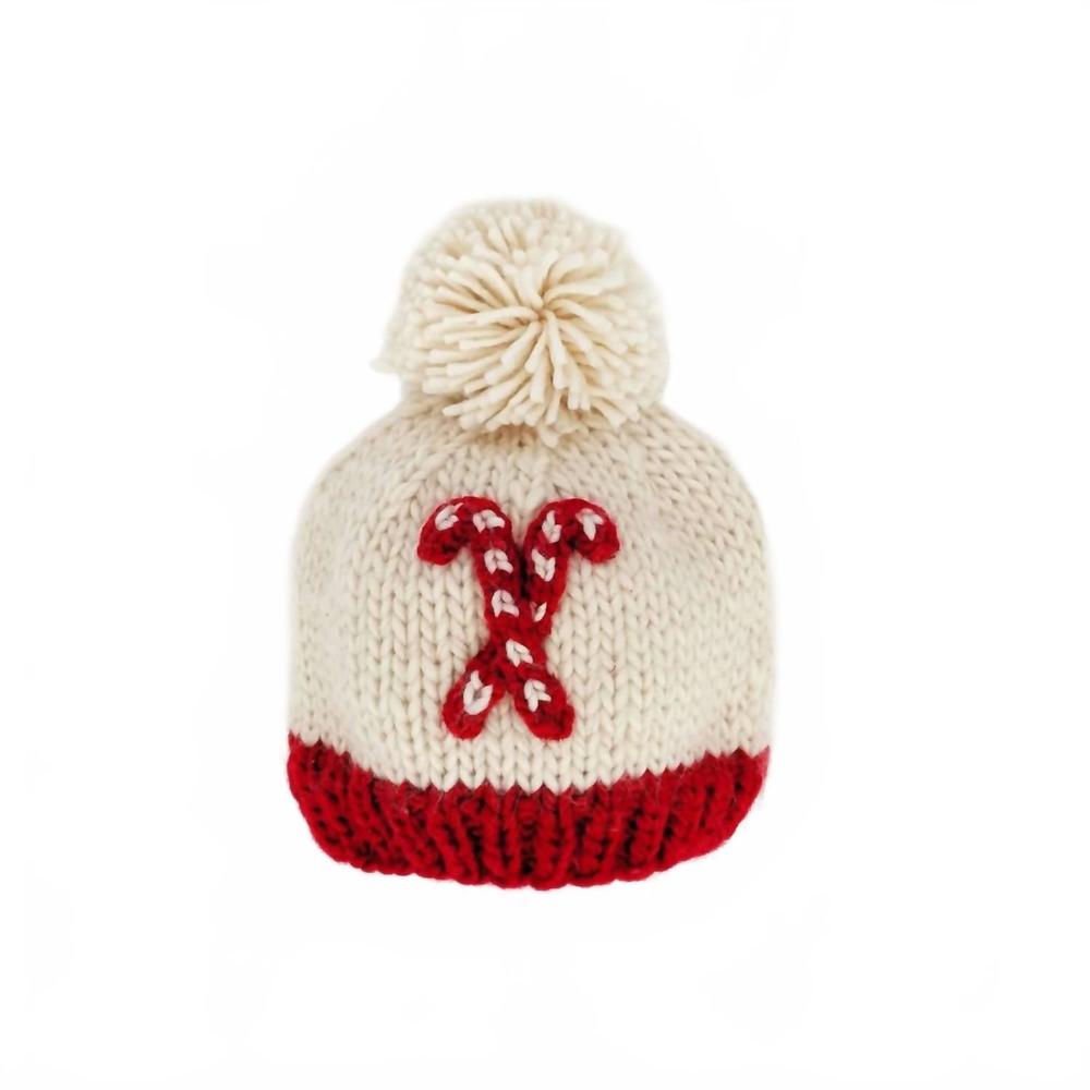 NEW HUGGALUGS unisex candy cane pompom hat in ivory/red